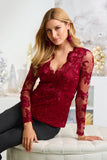 Scallop Embroidered Lace Illusion Top Red