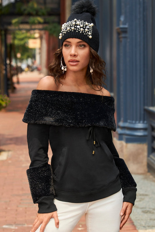 Faux Fur Neckline Sweatshirt Black