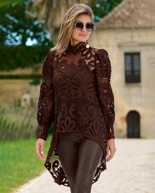 Mock Neck Lace High Low Blouse with Cami Cappuccino
