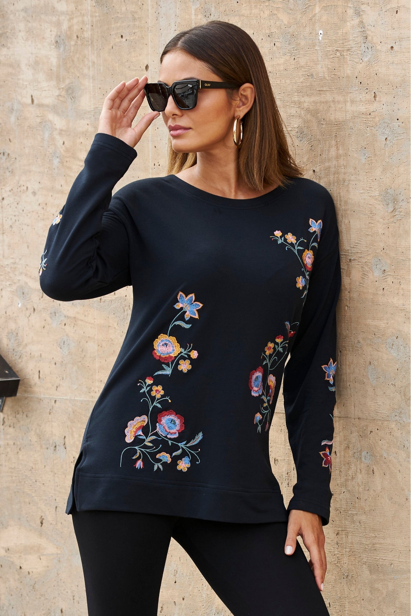 Embroidered Tunic Sweatshirt Black Multi