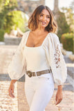 Embroidered Sleeve Ponte Square Neck Top Off White