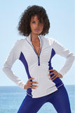 B-Active Half Zip Ruched Long Sleeve Top White/Blue
