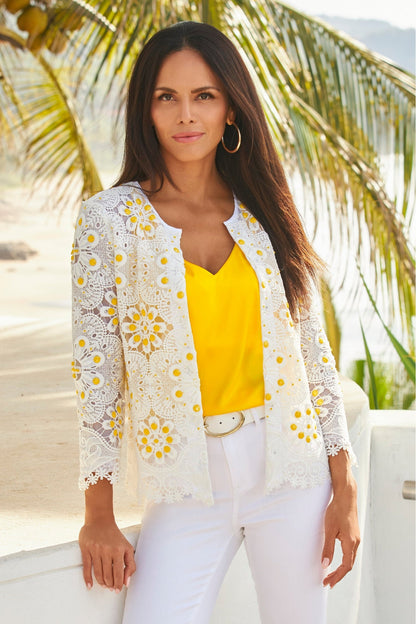 Novelty Floral Beaded Lace Jacket Yellow/White