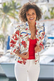 Floral Status Print Puff Sleeve Denim Jacket Red Multi
