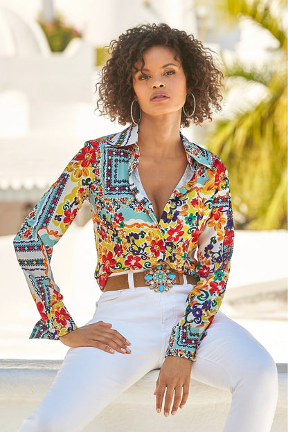 La Dolce Scarf Print Sophia Button Up Charmeuse Blouse Multi