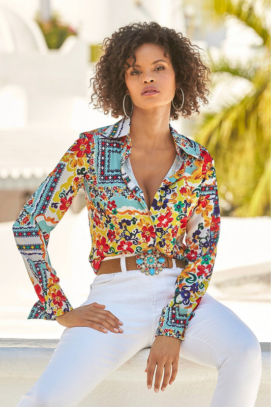 La Dolce Scarf Print Sophia Button Up Charmeuse Blouse Multi