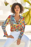 La Dolce Scarf Print Sophia Button Up Charmeuse Blouse Multi