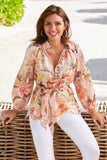 Ipanema Orchids Print Covered Button Linen Tunic Top Orange Multi