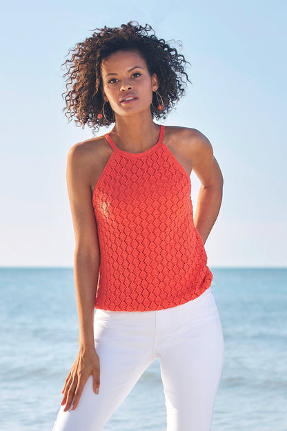 Crochet High Neck Tank Top Hot Coral