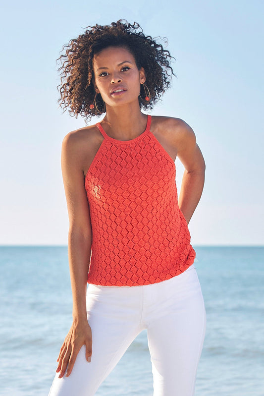 Crochet High Neck Tank Top Hot Coral
