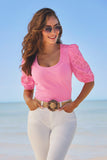 Eyelet Puff Sleeve Tee Pink Carnation
