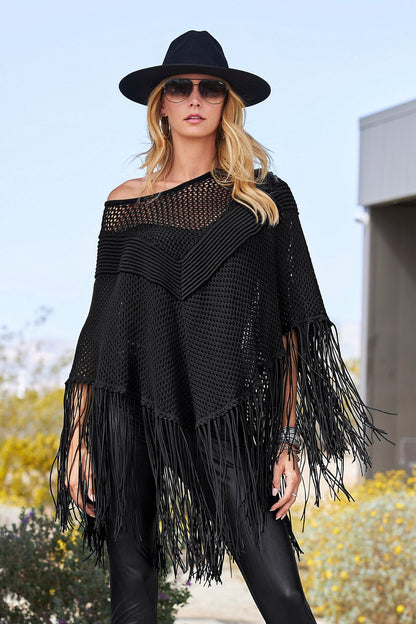 Faux Suede Fringe Poncho Black