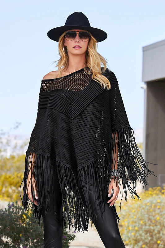 Faux Suede Fringe Poncho Black