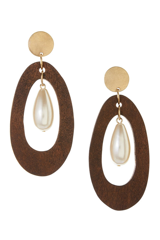 Faux Pearl And Wood Teardrop Earrings Multi