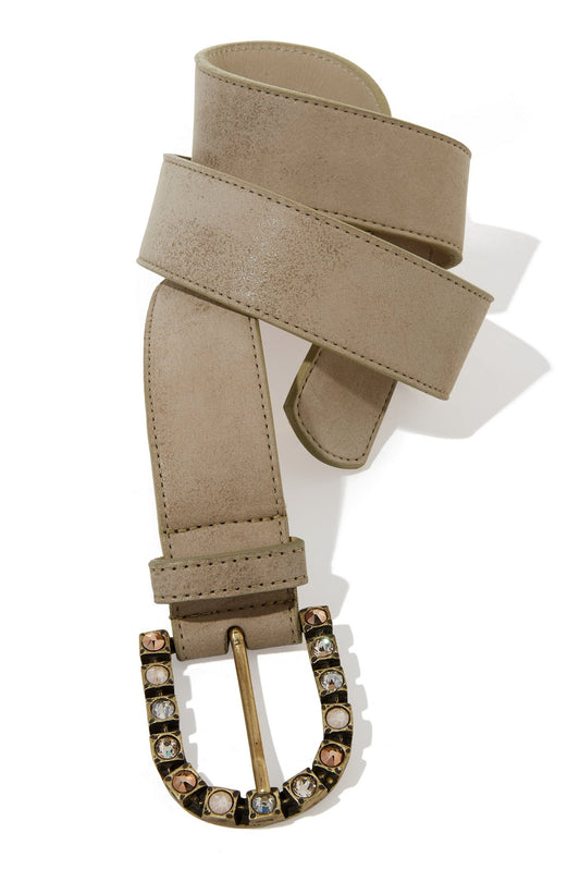 Metal And Gem Leather Buckle Belt Nude