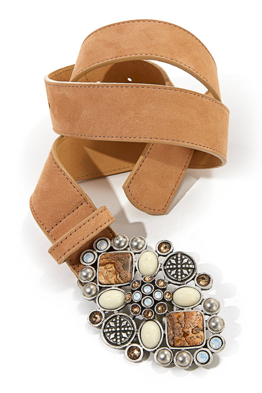 Marble And Gem Detail Leather Belt Tan Multi