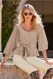Faux Suede Button Down Puff Sleeve Top Tan