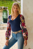 Floral Embroidered Sleeve V Neck Top Navy Multi