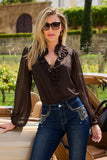 Shimmer Detail Ruffle Peasant Blouse Chocolate Brown