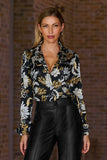 Romantic Status Print Sophia Button Up Charmeuse Blouse Black/Gold