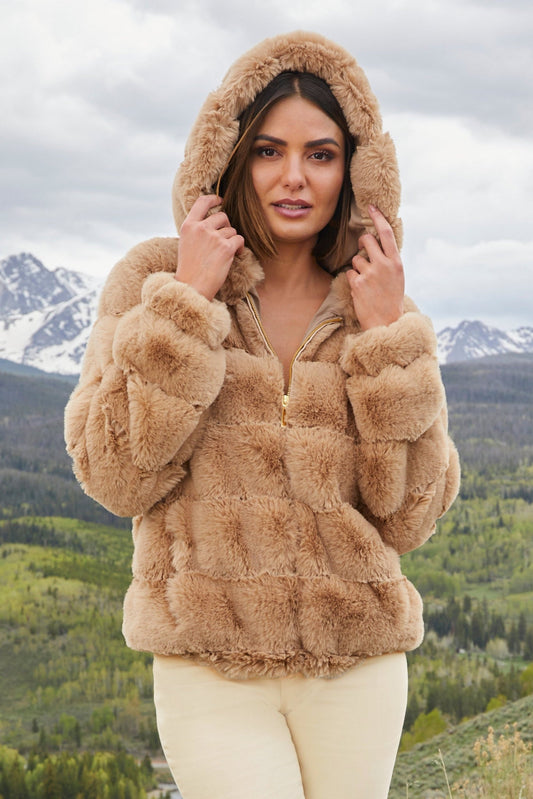 Quilted Faux Fur Hooded Jacket Camel