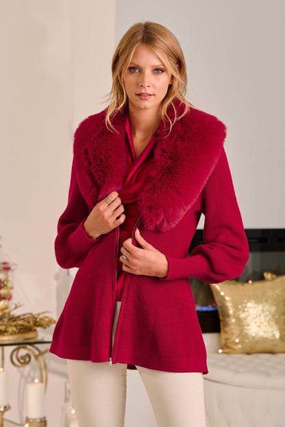 Faux Fur Balloon Sleeve A Line Zip Up Cardigan Jester Red