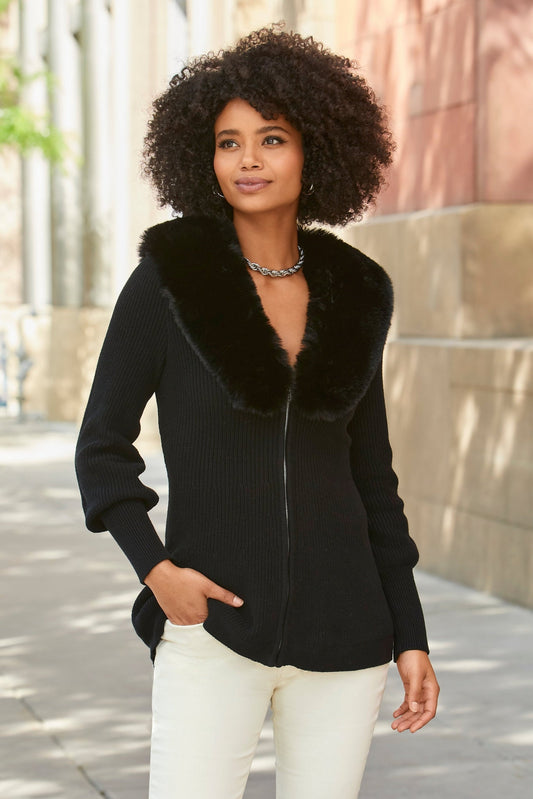 Faux Fur Balloon Sleeve A Line Zip Up Cardigan Black