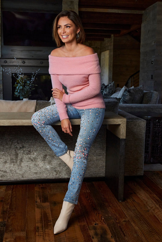 Scattered Embellishment Slim-Straight Leg Jean Light Med Wash