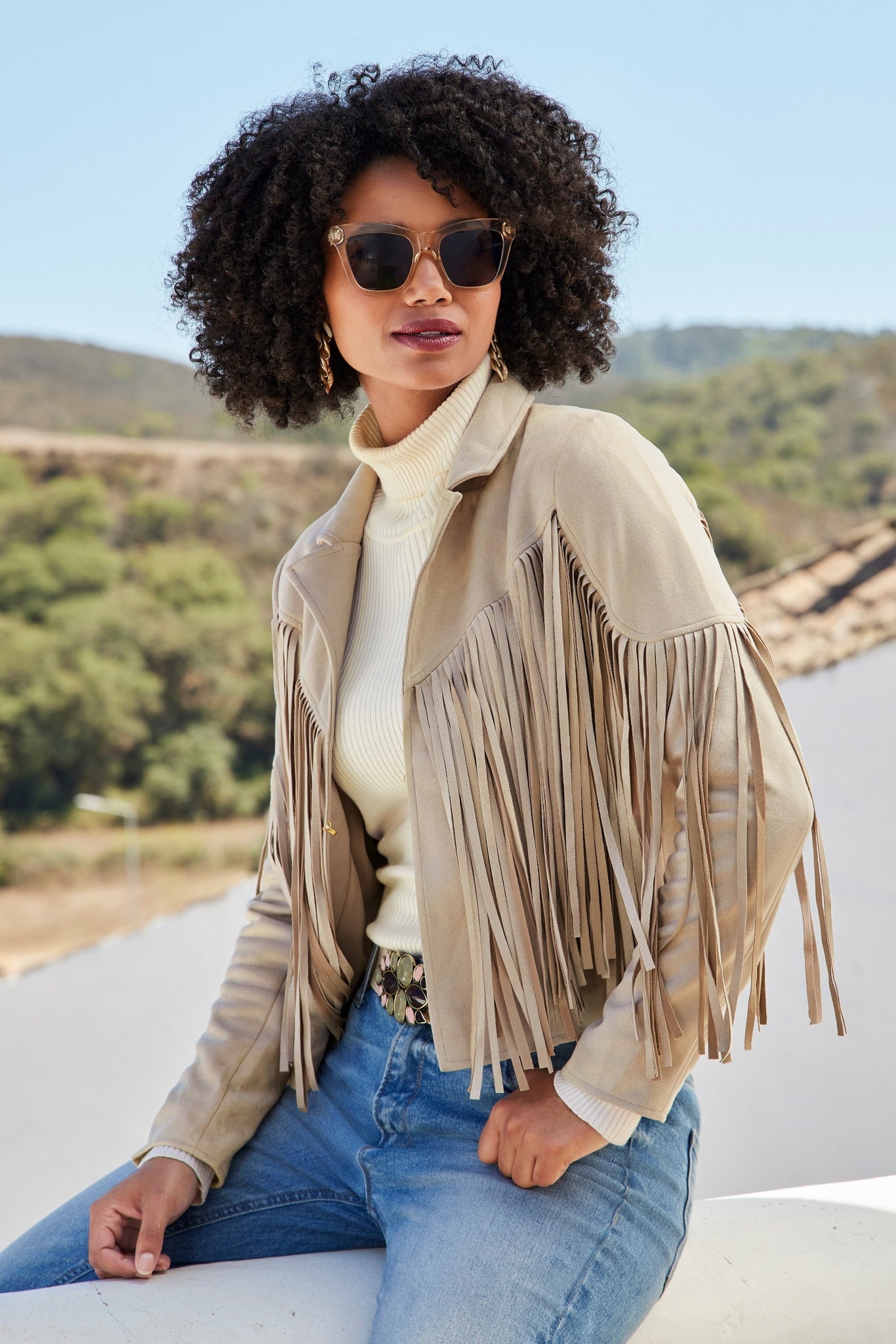 Fringed Faux Suede Jacket Sand