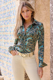 Classic Patchwork Print Sophia Button Up Charmeuse Blouse Green