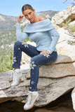 Pearl Embellished Snowflake Jean Med Wash Denim