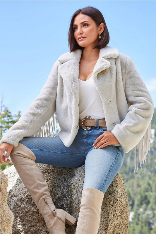 Fringe Faux-Fur Chubby Jacket Sea Salt