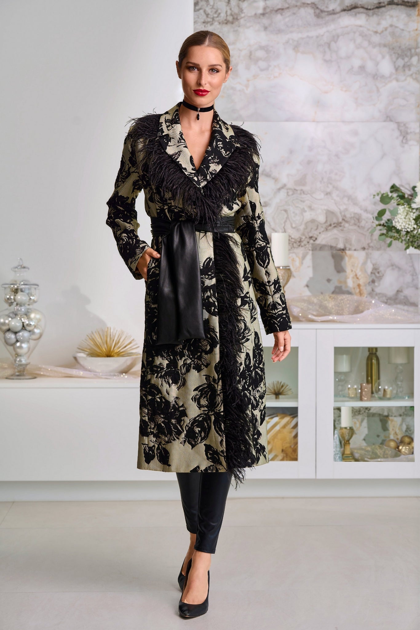 Faux-Feather Trim Jacquard Statement Coat Black Multi