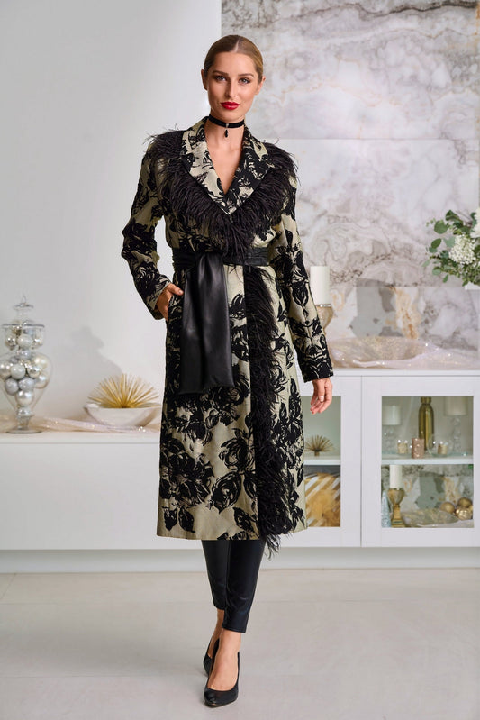 Faux-Feather Trim Jacquard Statement Coat Black Multi