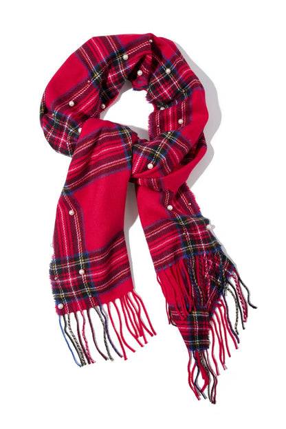Plaid and Pearl Scarf Red Multi