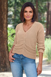 Textured Ruched V-Neck Knit Long-Sleeve Top Taupe