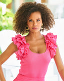 Linen Ruffle Ribbed Top Shocking Pink