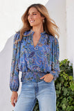 Chic Paisley Mesh Smocked Blouson Knit Top Blue Multi