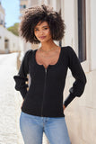 Ribbed Scoop-Neck Zip-Up Cardigan Black