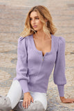 Ribbed Scoop-Neck Zip-Up Cardigan Lavender Ice