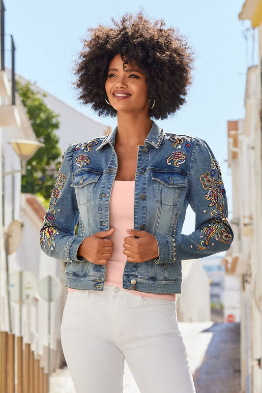 Paisley Embroidered And Embellished Puff Sleeve Denim Jacket Light Wash