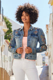 Paisley Embroidered And Embellished Puff Sleeve Denim Jacket Light Wash