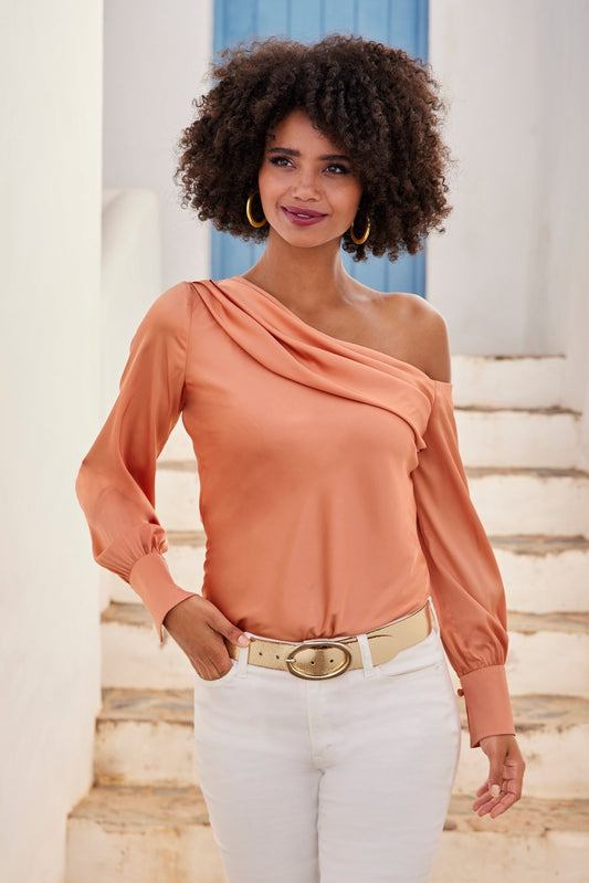 Amelia Shoulder-Skimming Charmeuse Blouse Peach