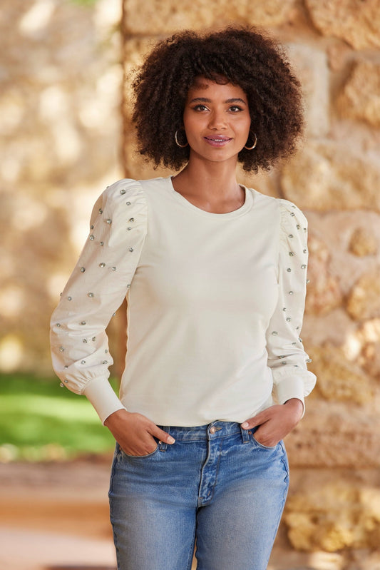 Rhinestone Mixed Media Puff-Sleeve Sweatshirt Off White