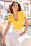 Eyelet-Sleeve V-Neck Knit Top Lemon Drop