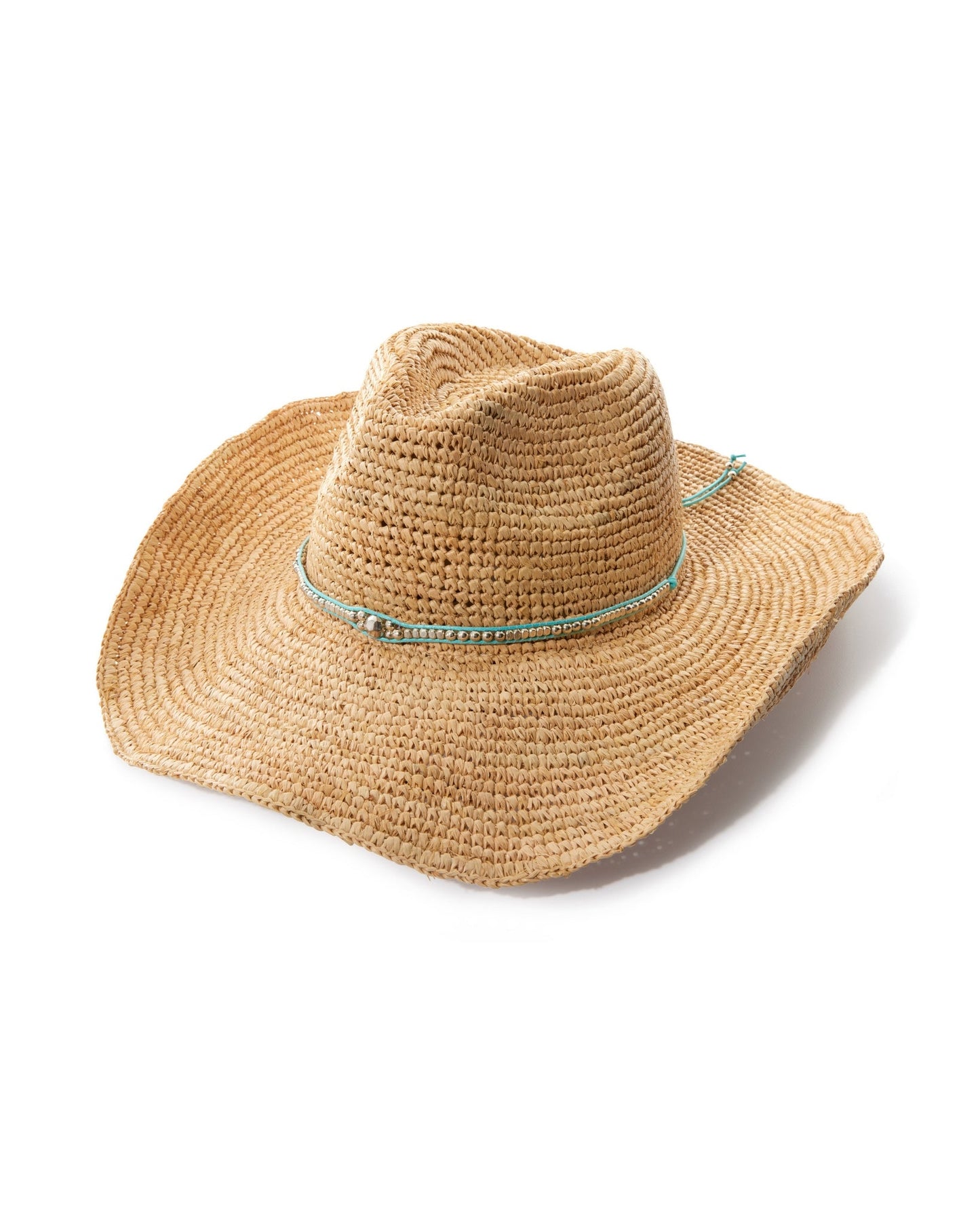 Turquoise Beaded Raffia Hat Natural