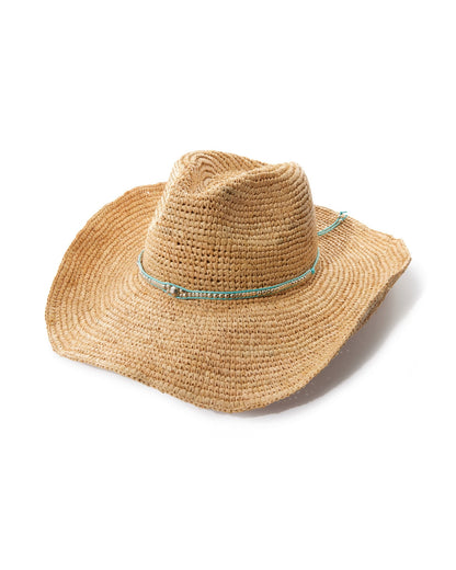 Turquoise Beaded Raffia Hat Natural