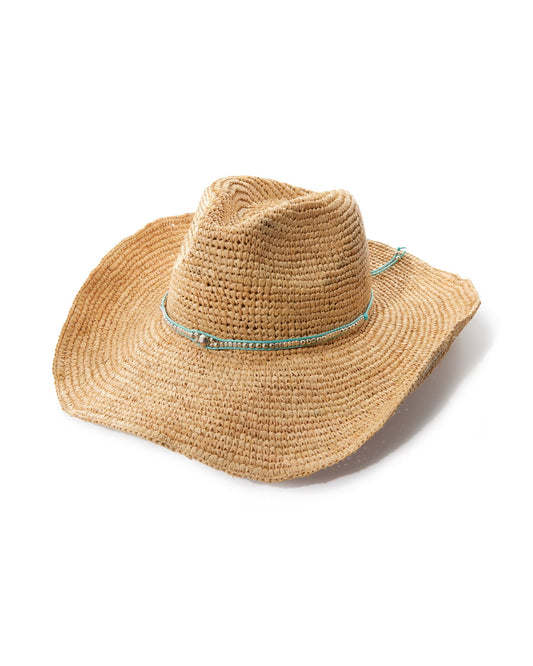 Turquoise Beaded Raffia Hat Natural
