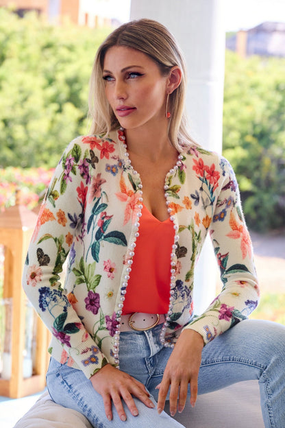 Floral Pearl Trim Cardigan White Multi