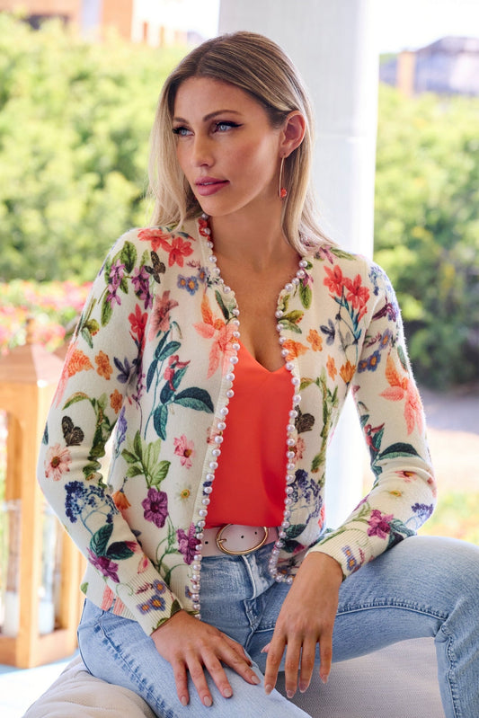 Floral Pearl Trim Cardigan White Multi